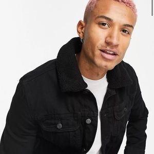 ASOS DESIGN denim jacket with fleece collar in black MENS XS